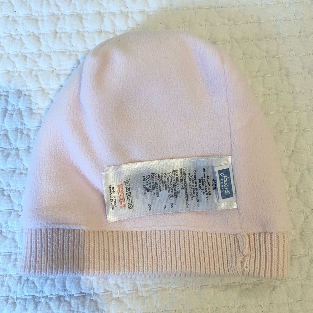 NWOT Jacadi Paris Baby Girl Winter Hat, Cotton/Cashmere, Pale Pink, 3-6mo (18in) - Picture 2 of 2